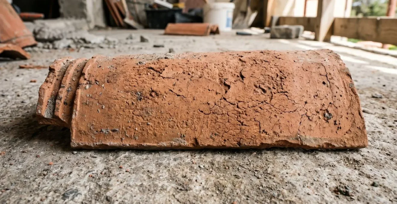 Gros plan macro d'une tuile mécanique terre cuite présentant des micro-fissures visibles en surface et une texture poreuse légèrement érodée, lumière naturelle latérale révélant les détails de la matière