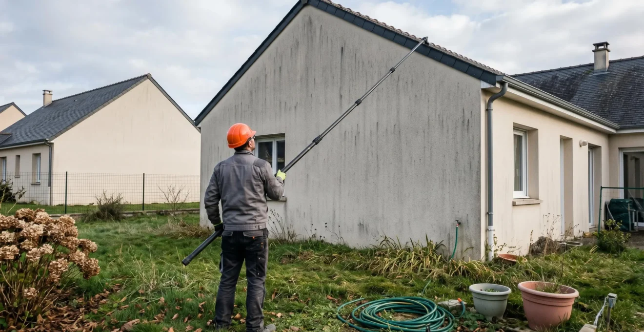 Professionnel de dos manipulant une perche télescopique carbone pour nettoyer la toiture d'une maison individuelle sarthoise, jardin pavillonnaire avec légers désordres, lumière naturelle matinale