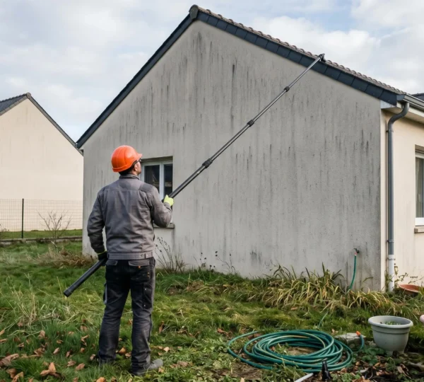 Professionnel de dos manipulant une perche télescopique carbone pour nettoyer la toiture d'une maison individuelle sarthoise, jardin pavillonnaire avec légers désordres, lumière naturelle matinale