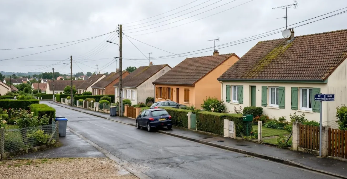 Vue grand angle d'un quartier pavillonnaire typique de la région du Mans avec alignement de maisons individuelles dont les toitures en tuiles mécaniques présentent de légères traces vertes de mousses, jardins avec haies bocagères, ciel nuageux gris-blanc caractéristique du climat océanique humide